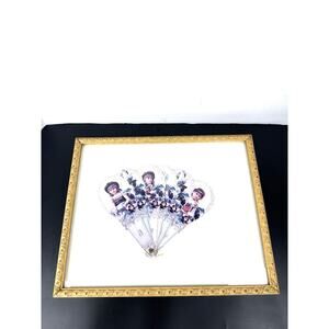 Gold Framed Victorian Girls Paper Fan Greeting Card by Old Print Factory Reprod.